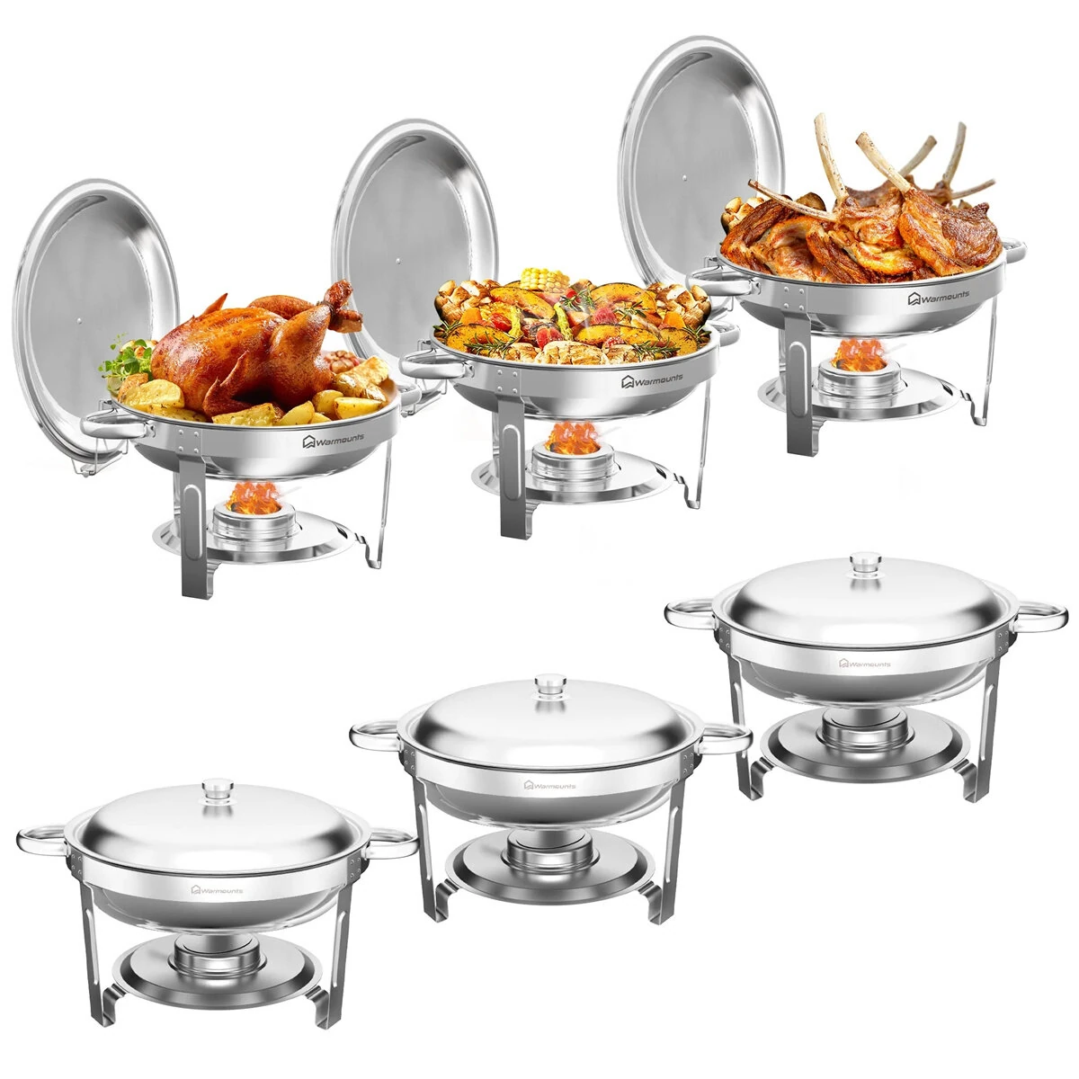 (image for) Warmounts 1/2/4/6Pack Chafing Dish Buffet Set, 5QT Round Buffet Servers and Warmers Set, Stainless Steel Catering Food Warmer with Glass Lid & Holder for Party Home Garden Wedding